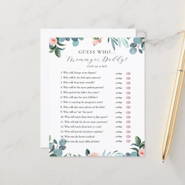 Guess Who Mummy or Daddy Baby Shower game card (Front/Back In Situ)