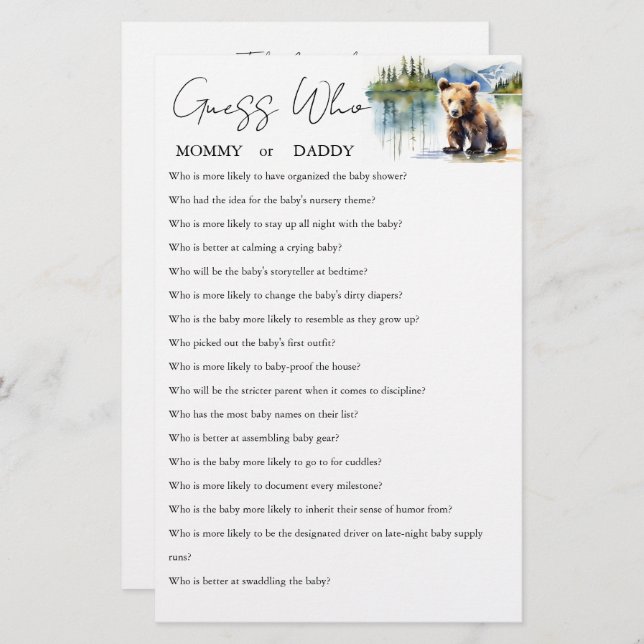 Guess who mummy or daddy baby shower game card (Front/Back)