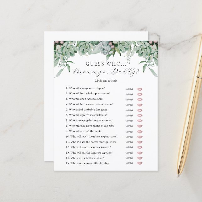 Guess Who Mummy or Daddy Baby Shower game card (Front/Back In Situ)