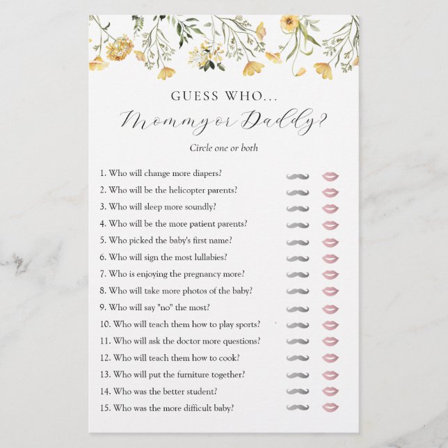Guess Who Mummy or Daddy Baby Shower game card (Front)