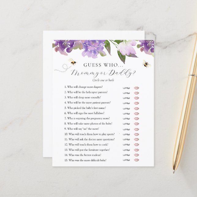 Guess Who Mummy or Daddy Baby Shower game card (Front/Back In Situ)