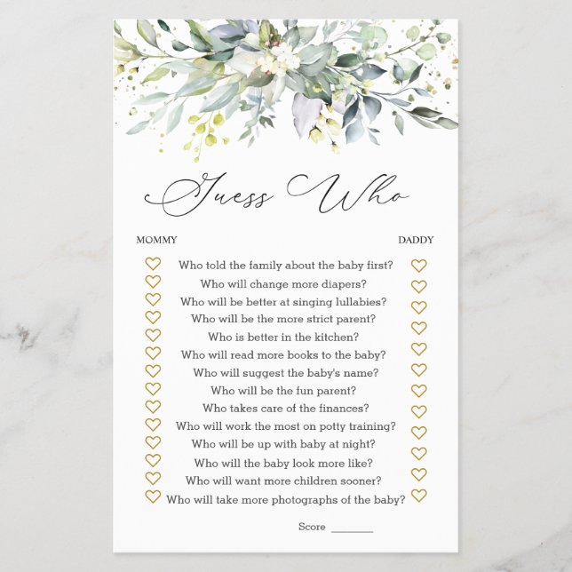 Guess Who Mummy or Daddy Baby Shower Game Greenery Flyer (Front)