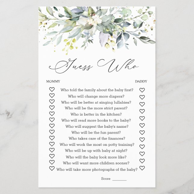 Guess Who Mummy or Daddy Baby Shower Game Greenery Flyer (Front)