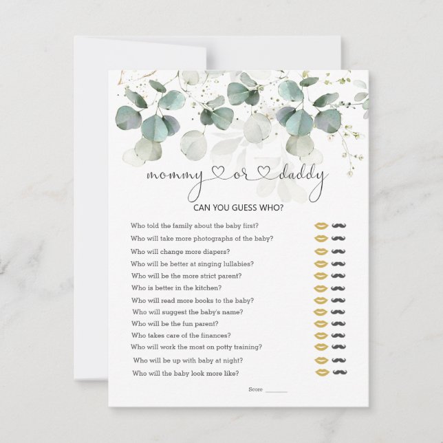 Guess Who Mummy or Daddy Baby Shower Greenery Game RSVP Card (Front)