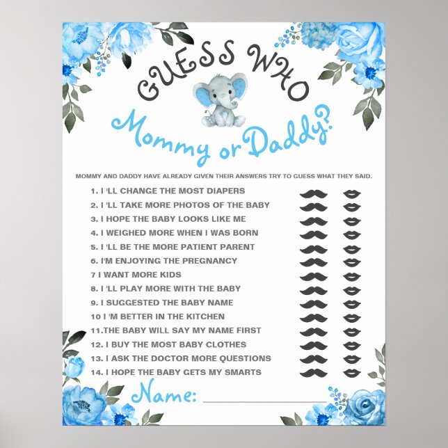 Guess Who Mummy or Daddy Boy Elephant Shower Game  Poster (Front)