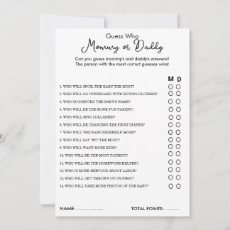 Guess Who Mummy or Daddy Game Baby Shower Card