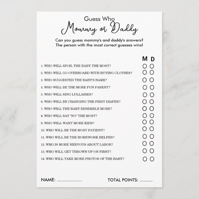 Guess Who Mummy or Daddy Game Baby Shower Card (Front)