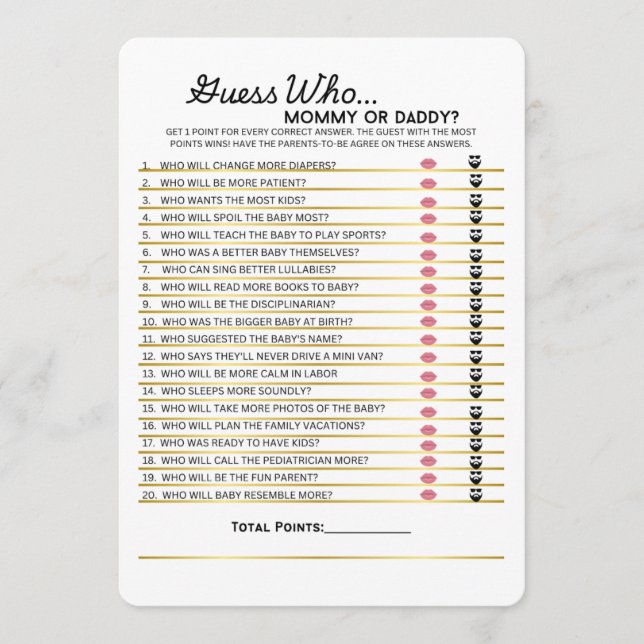 Guess Who- Mummy or Daddy Game Menu (Front)