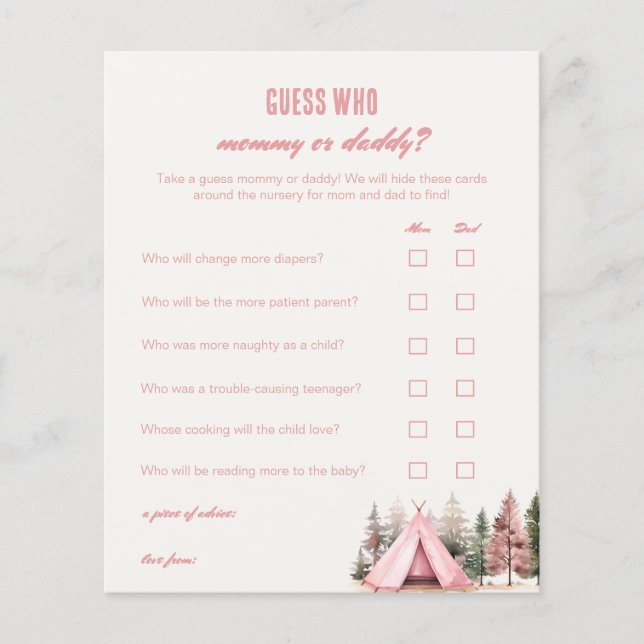 Guess Who Mummy or Daddy Pink Camping Game (Front)