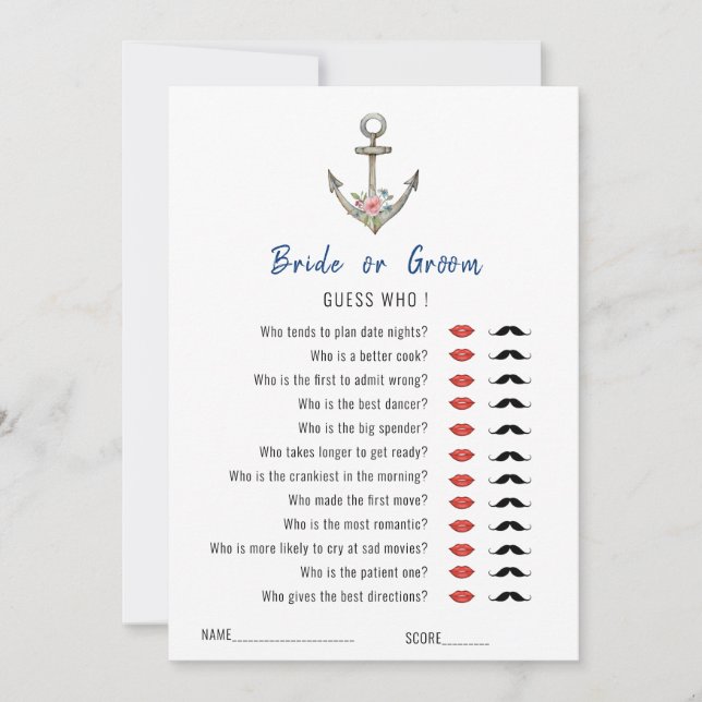 'Guess Who' Nautical Anchor  Bridal Shower game  Invitation (Front)