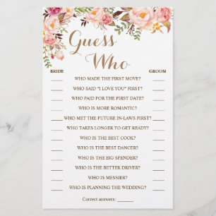 Guess Who Pink Floral Shower Game Card