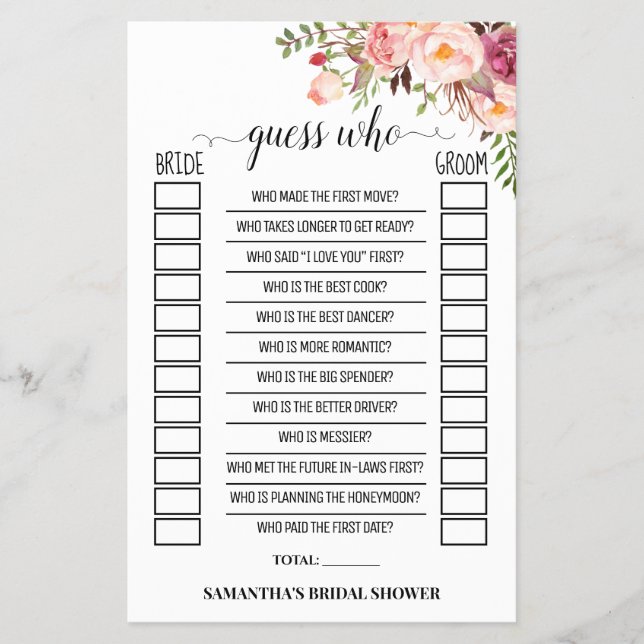 Guess Who Pink Flowers Bridal Shower Game Card (Front)