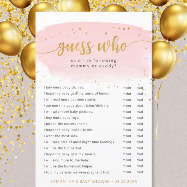 Guess Who pink watercolor + gold baby shower game (All text is editable so you can get really personal!)
