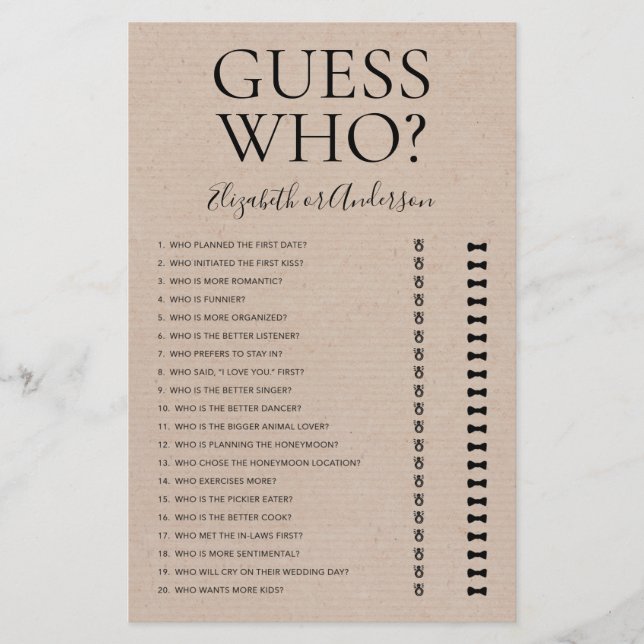 Guess Who Rustic Bridal Shower Game (Front)