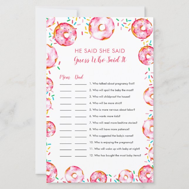 Guess who Said it Donuts Diapers Baby Shower Game (Front)