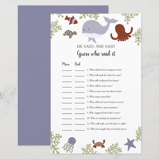 Guess who said it Game Under the Sea Baby Shower  (Front/Back)