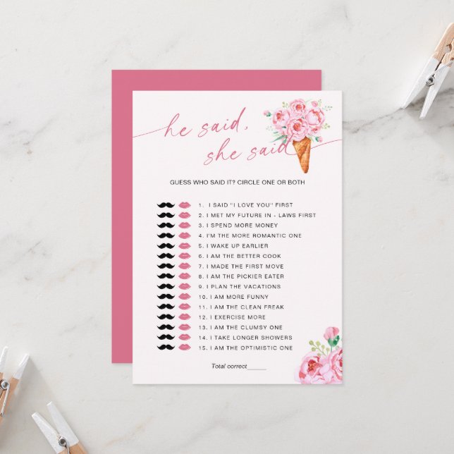 Guess Who Said It Ice Cream Bridal Shower Game Invitation (Front/Back In Situ)