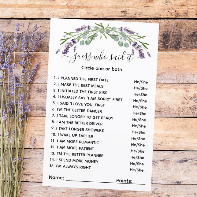 Guess who said it lavender bridal shower game (Creator Uploaded)