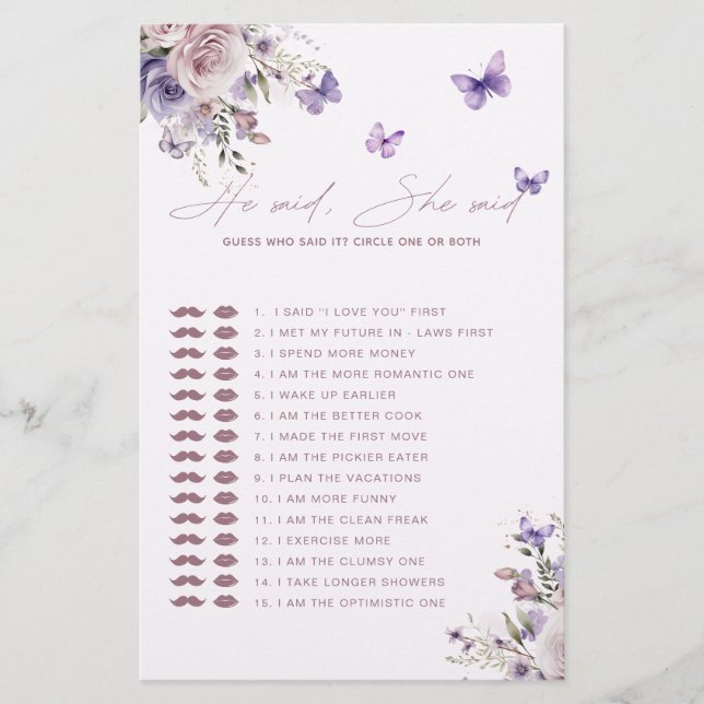 Guess Who Said It Mauve Butterfly Game Card (Front)