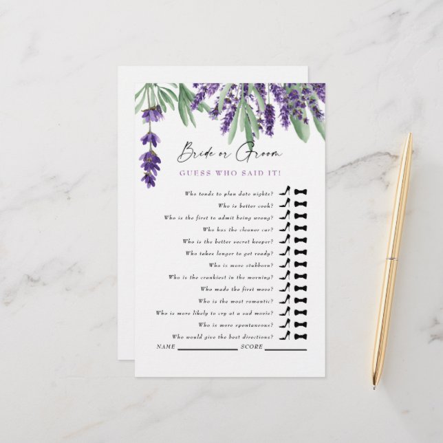 Guess Who Said It? Simple Lavender Bridal Shower (Front/Back In Situ)