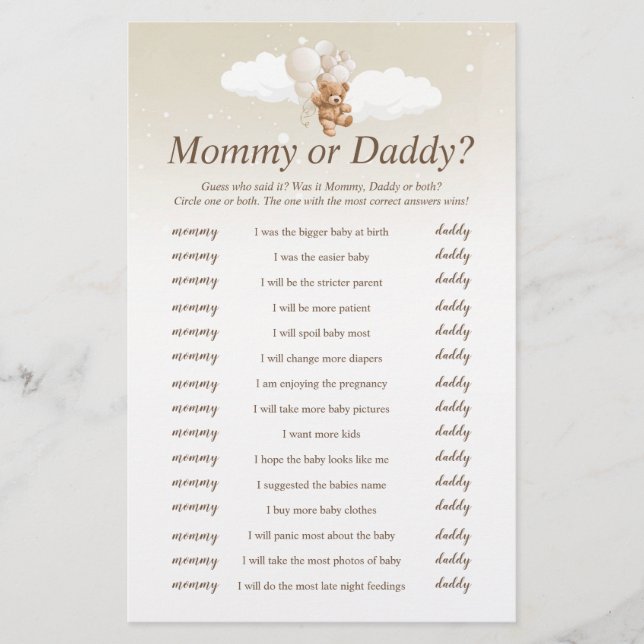 Guess Who Said It Teddy Bear Baby Shower Game Flyer (Front)