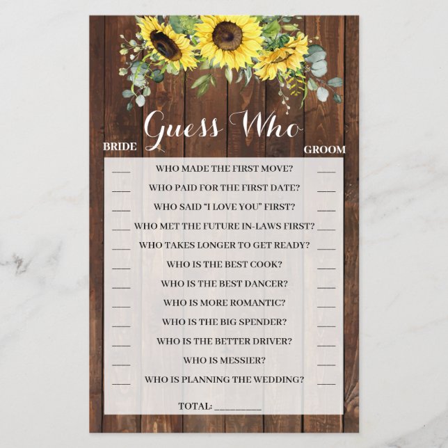 Guess Who Sunflowers Bridal Shower Game Card (Front)