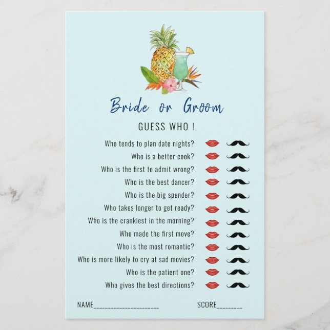 'Guess Who' Tropical drinks Bridal Shower game  (Front)