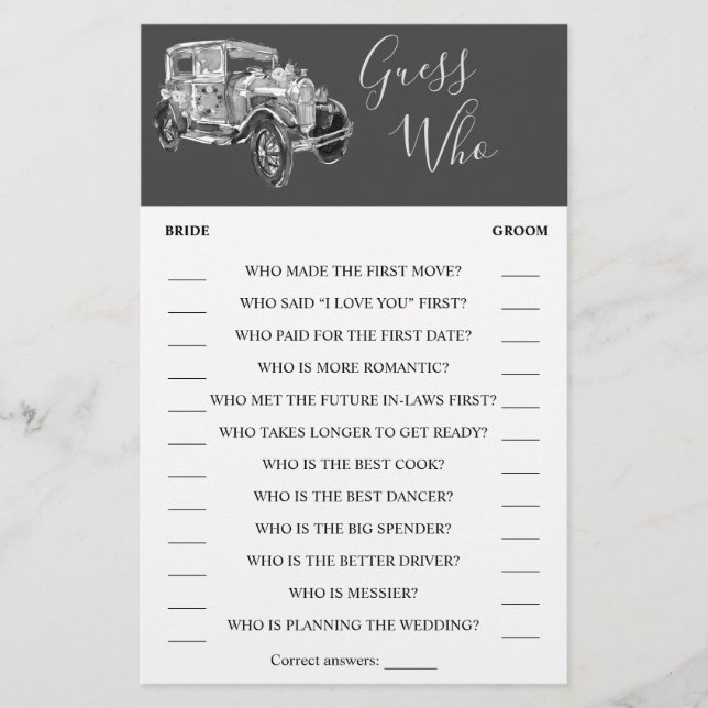Guess Who | Wedding Car Bridal Shower Game Card (Front)