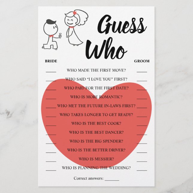 Guess Who Wedding Couple Shower Game Card (Front)