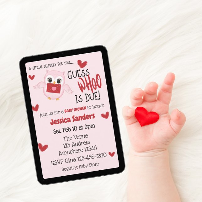 Guess Whoo is Due Red Hearts, Pink Owl Baby Shower Invitation (Creator Uploaded)