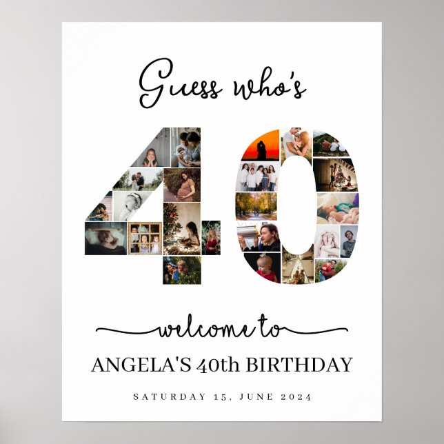 Guess who's 40 Photo Collage birthday party sign (Front)