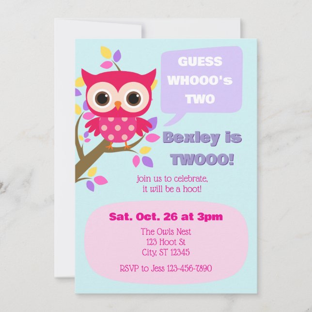 Guess Who's Two, Pink Owl 2nd Birthday Invitation (Front)