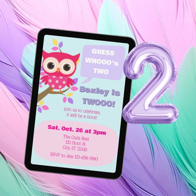 Guess Who's Two, Pink Owl 2nd Birthday Invitation (Creator Uploaded)
