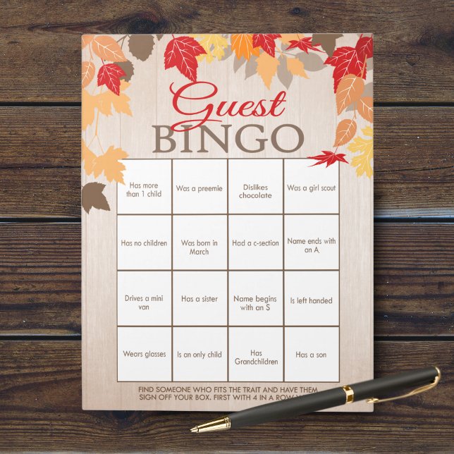 Guest Bingo Fall Shower Party Game Pack Notepad (Fall Bridal Guest Bingo Bridal Shower Party Game. Comes in a pack of 40 easy tear away games!)