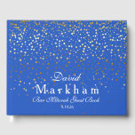 Guest Book<br><div class="desc">This guest book is shown in Royal Blue with a curtain of Golden-colored petite stars on both front and back are splattered all over this guest book. Front has text reading your personalized name in a fancy script, your last name in bold text style along with custom date beneath. Personalize...</div>