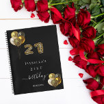Guest book 21st birthday black gold leopard animal<br><div class="desc">For an elegant 21st birthday party.  A black background,  decorated with balloons. Number 21 is written with a trendy balloon style font,  leopard pattern.  Personalize and add a name and a date. The word birthday is written with a modern hand lettered style script with swashes.</div>