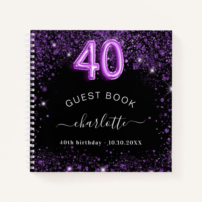 Guest book 40th birthday black purple glitter name (Front)