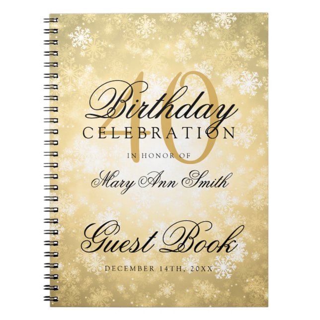 Guest Book 40th Birthday Gold Winter Wonderland (Front)