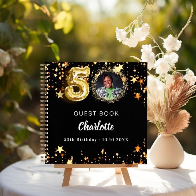 Guest book 50th birthday black gold stars photo (Creator Uploaded)