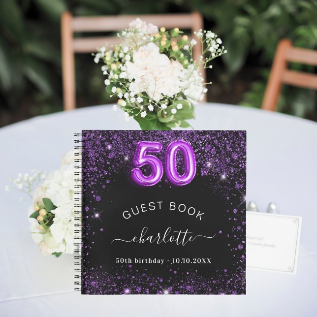 Guest book 50th birthday black purple glitter name (Creator Uploaded)