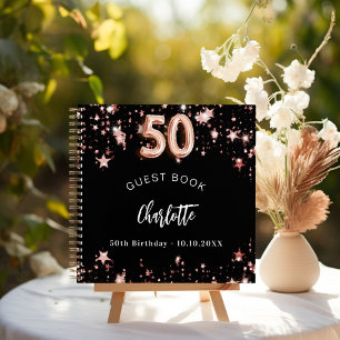 Guest book 50th birthday black rose gold stars