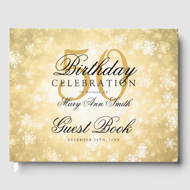 Guest Book 50th Birthday Gold Winter Wonderland (Front)