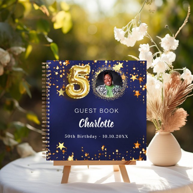 Guest book 50th birthday navy blue gold star photo (Creator Uploaded)
