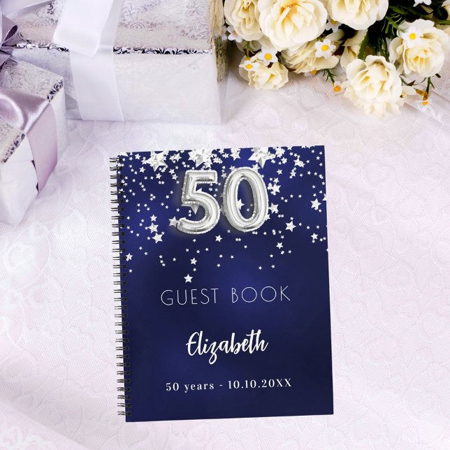 Guest book 50th birthday navy blue silver stars (Creator Uploaded)