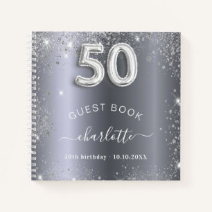 Guest book 50th birthday silver glitter name glam