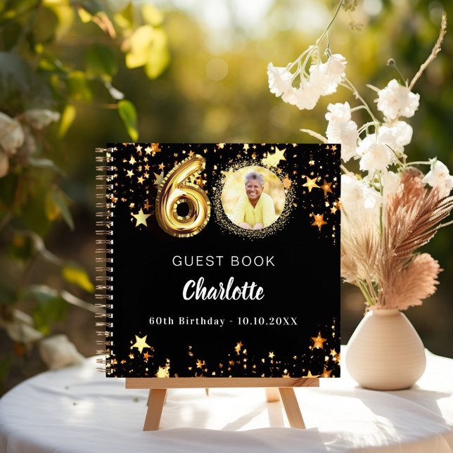 Guest book 60th birthday black gold stars photo (Creator Uploaded)