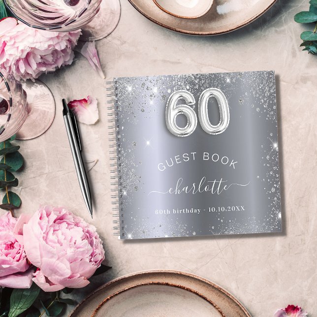 Guest book 60th birthday silver glitter name glam (Creator Uploaded)