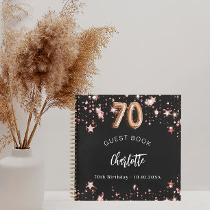 Guest book 70th birthday black rose gold stars