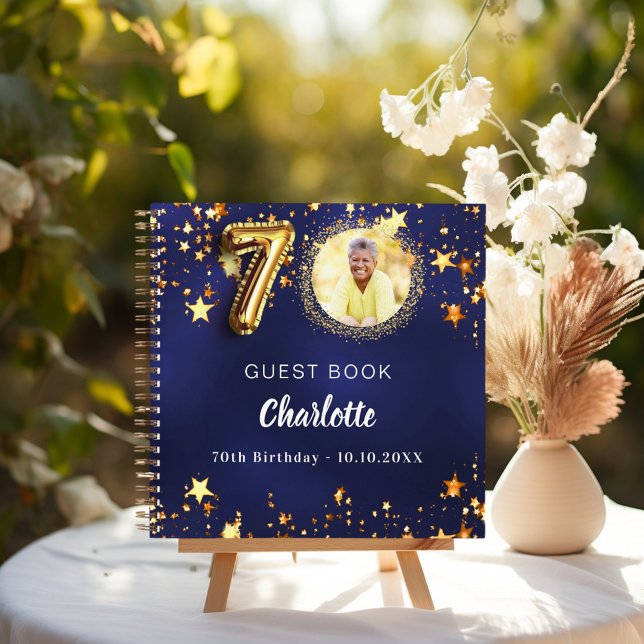 Guest book 70th birthday navy blue gold star photo (Creator Uploaded)
