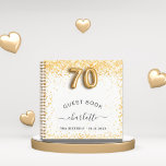 Guest book 70th birthday white gold glitter<br><div class="desc">A guestbook for a feminine and glamorous 70th birthday party.  A stylish white background with dark faux gold glitter,  sparkles. Add your name,  age/text. Number 70 is written with a balloon style font.</div>